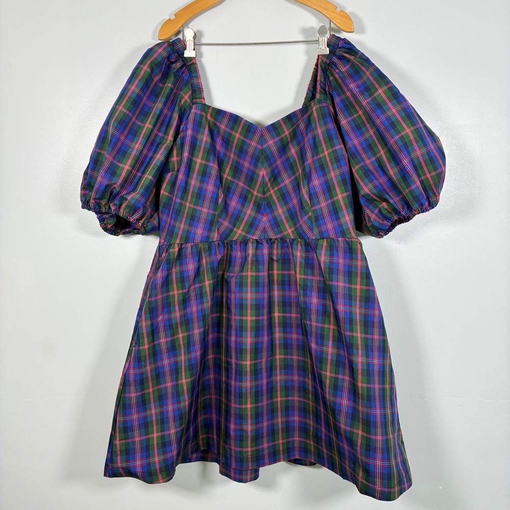 Old Navy XL Blue Plaid Puff Sleeve Smocked Sweetheart Babydoll Dress Holiday